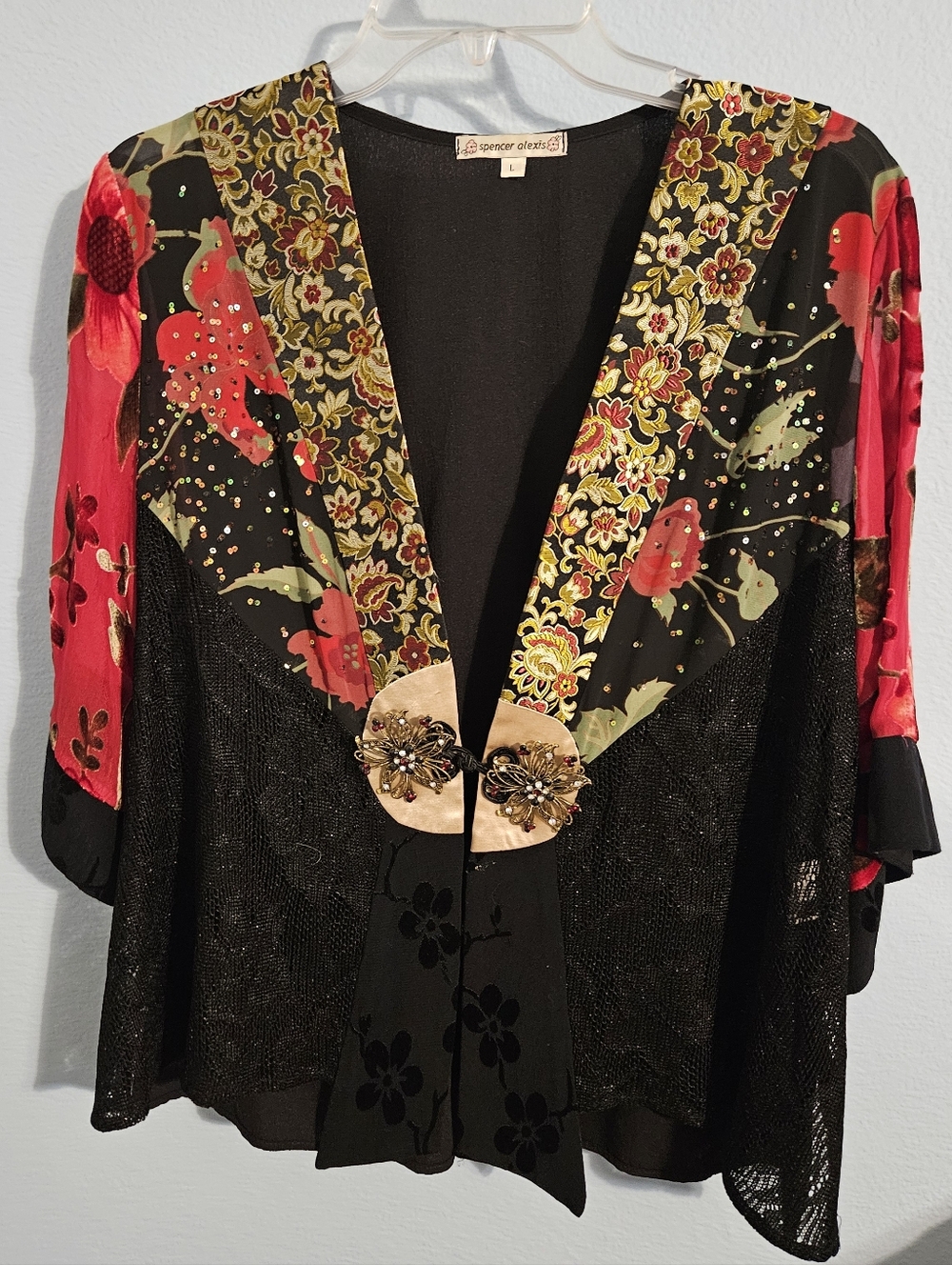 Spencer Alexis Floral-Trim Black & Red Tunic Top